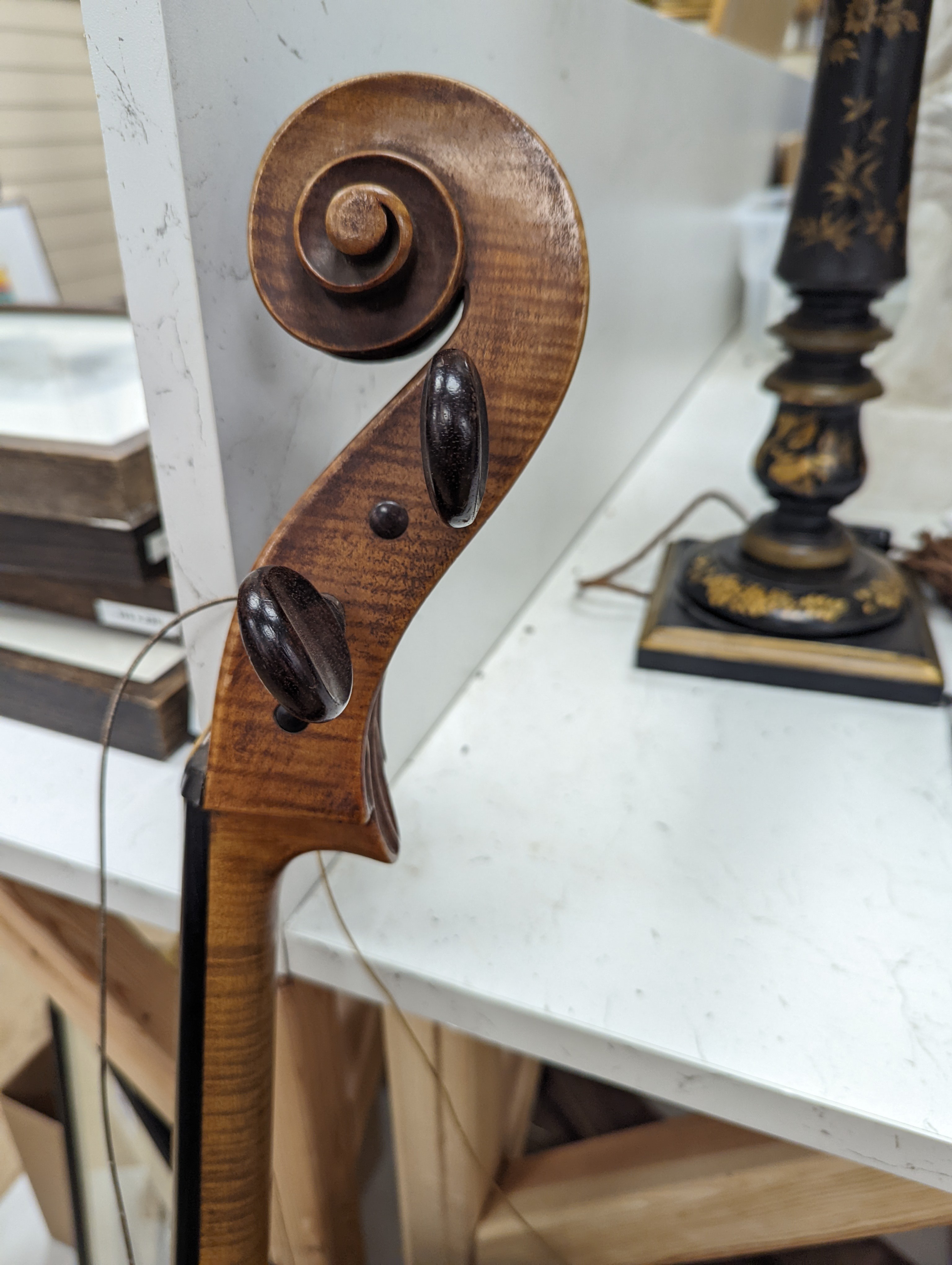 A late 19th century French cello, lob 75.5cm, canvas case with bow